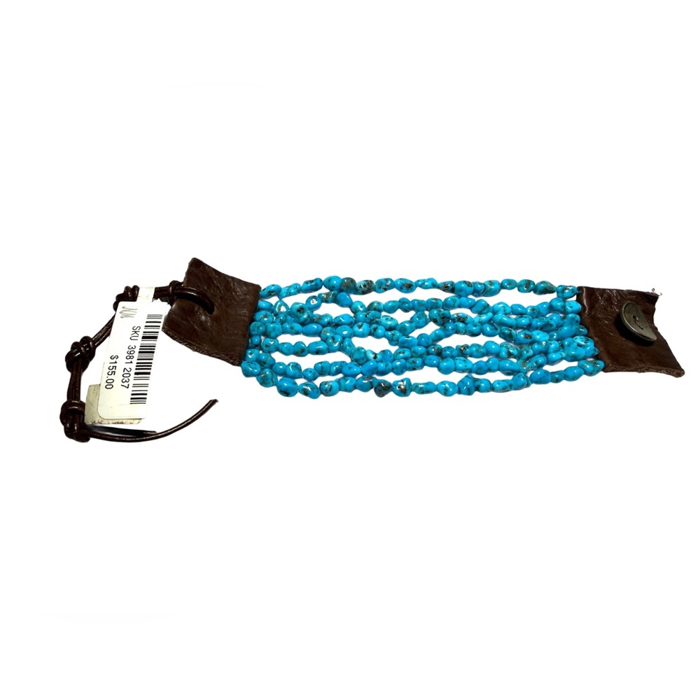 Neiman Marcus Bright Turquoise Leather Strap Nugget Bead Bracelet - Picture 3 of 8